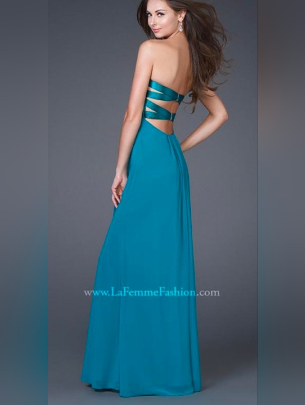 Vntg. La Femme Teal Strappy Back Evening Gown